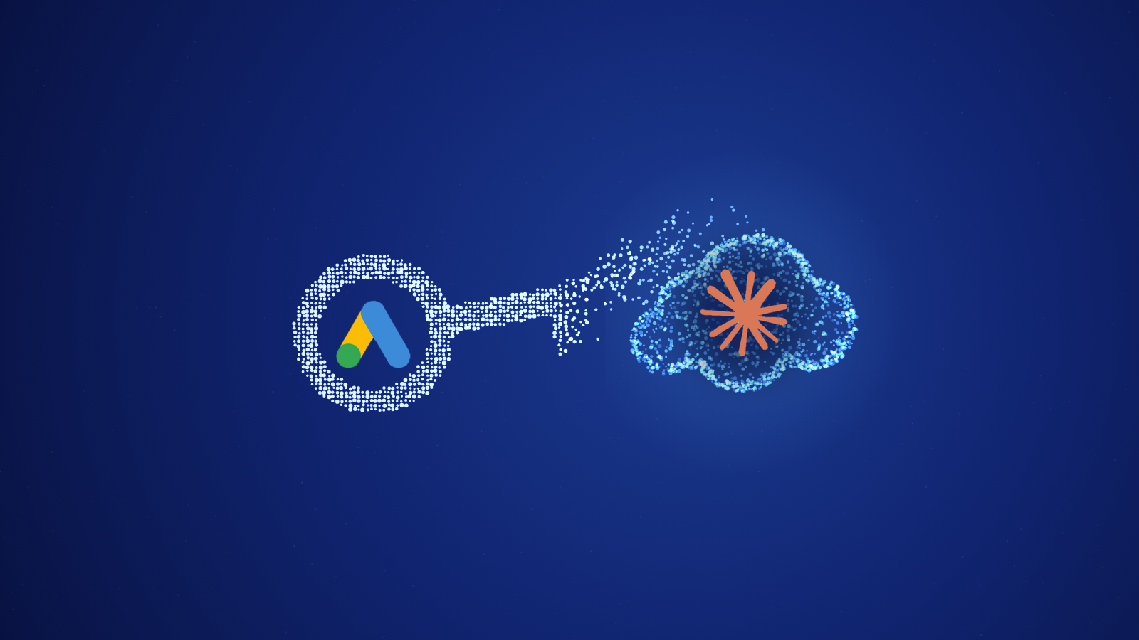 Logo di Google Ads in una chiave che si dissolve in particelle verso una nuvola con il logo di Claude: il collegamento del server MCP senza developer token
