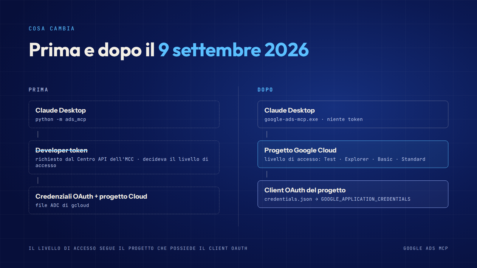 Schema prima e dopo il 9 settembre 2026: dal developer token al livello di accesso del progetto Google Cloud